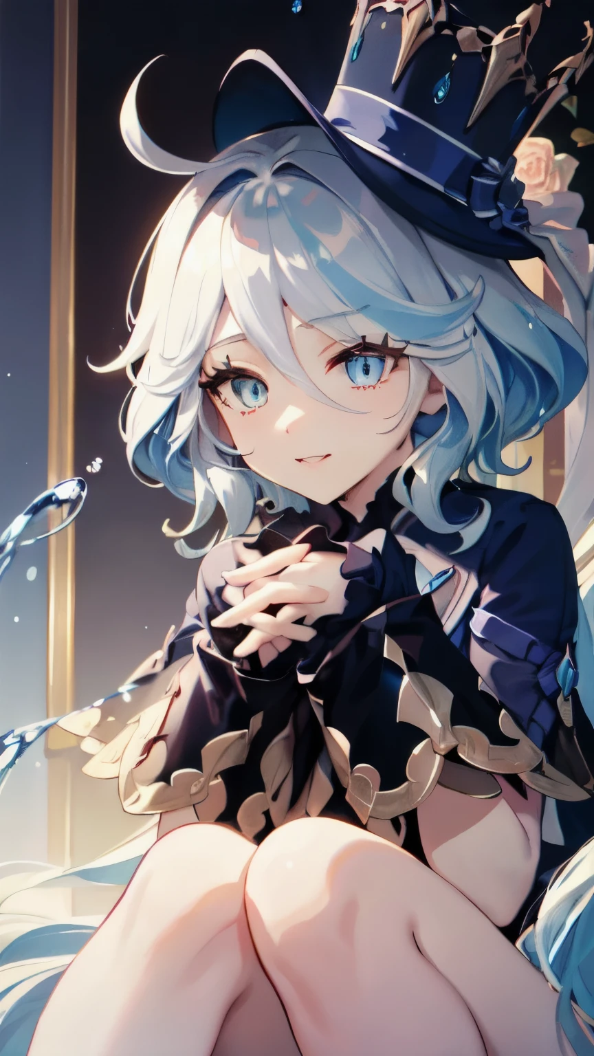 （Surrounded by water element1.5），There are water drops around，（（（Wearing a small black hat）））Forina, Surrealism, 8K, Super details, hydraulic archon, Thick thighs, sitting, naughty face, smug, beautiful eyes, masterpiece, High resolution, 8K, anime woman, The writing is delicate and meticulous 、Detailed digital illustrations、(((Genshin Impact))、shiny hair、a very beautiful woman、High image quality, high quality、Detailed background、The inside of the eye sparkles like a diamond、(((blue hair)))、(((Scan your bangs)))、Gradient pupils、(((2 arms、4 fingers, 1 thumb)))、Detailed female face、a very beautiful woman、、Detailed background、​masterpiece、soft focus , Bright gradient watercolor , lens flare , (((flash))) , glow , fantastic ,、((Very beautiful light blue rose hair ornament)), Luxury room background