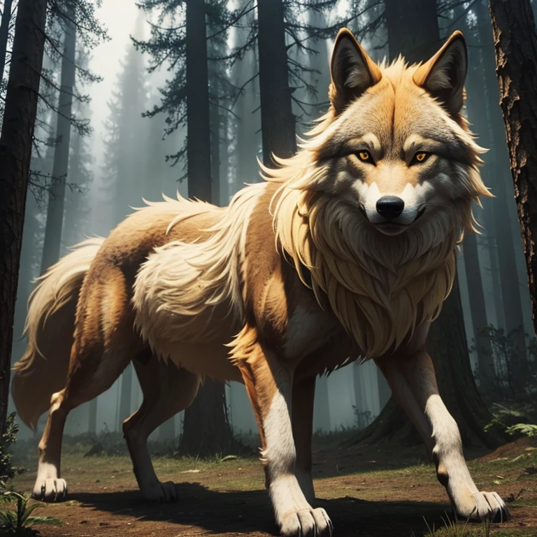 Quadruped animal wolf with blonde brown fur with yellow eyes on a forest background with fog