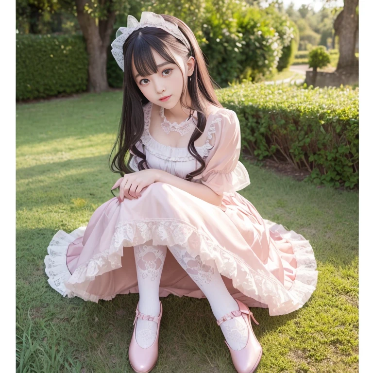 best quality, masterpiece, lifelike, 1 girl, alone, eternal, black hair, Long curly hair, blunt bangs, Smile, pink skirt, pink ta dress, layered skirt, Lolityle long skirt,Layered dress lace-trimmed skirt, decorate, lace, long sleeve, puff sleeves, wide sleeves, Transparent sleeves, hair accessories, in the flower garden, flower, Detailed background, delicate face,pink blush,White knee-length socks, Pink shoes,cold,Lots of lace,((masterpiece))、(top quality)、8K、high detail、super detailed、 21 years old female,wearing pink lolita d((dreamy atmosphere:1.1))、Seductive and whimsical style、masterpiece、born、Scenes resembling fairy tale illustrations、intricate details show the ruffles and intricate designs of the lolita gown、icious、 beautifully、Dream aesthetics、「𝓡𝓸𝓶𝓪𝓷𝓽𝓲𝓬、ethereal、charming、fickle、magic」、realism、Visual effect、FXAA、SSAO、shader、voiceless、ambient lighting、Tone mapping、High resolution、ultra high definition、megapixel、(8K resolution:1.10)、8K、8K resolution、high detail、intricate details、 (high quality:1.2、masterpiece:1.2、:1.21)、(21 years old female:1.21)、(Smile excitedly)、(Surrounded by the dreamy atmosphere of an amusement par color lolita dress、Hers were full of surprise and joy、I took a lot of geek photos、High heel、Model diagram,full-body shot,Knee-high white的 lace socks,Sweet Lolita,Normal 2 feetk shoes,Baotou shoes,full-body shot,University Teachers'Don't expose your fingers,Emphasize the volume of the skirt,exposed,huge breasts,The skirt flew up,低胸exposed,hair accessories,big skirt dress,If you shoot from a certain angle you can see my panties,The skirt floated up