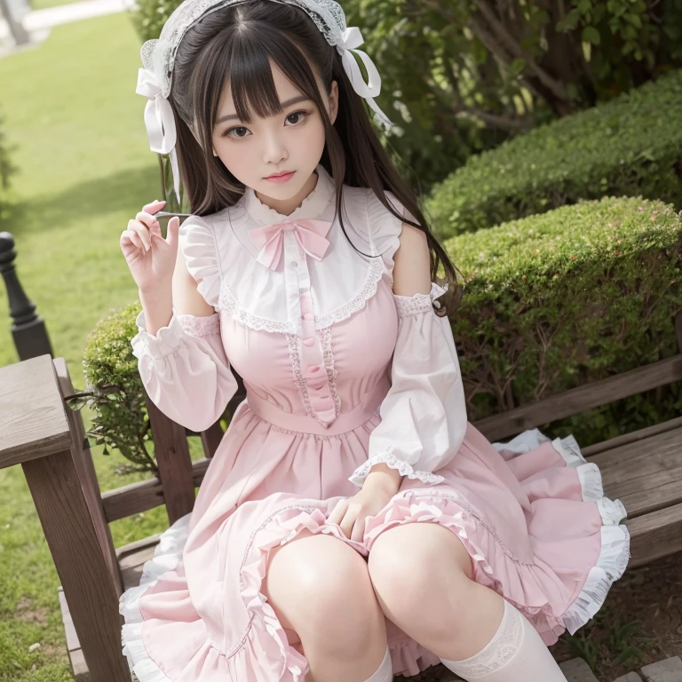 best quality, masterpiece, lifelike, 1 girl, alone, eternal, black hair, Long curly hair, blunt bangs, Smile, pink skirt, pink lolita dress, layered skirt, Lolita style long skirt,Layered dress lace-trimmed skirt, decorate, lace, long sleeve, puff sleeves, wide sleeves, Transparent sleeves, hair accessories, in the flower garden, flower, Detailed background,  delicate face，pink blush，White knee-length socks, Pink shoes，cold，Lots of lace，((​masterpiece))、(top quality)、8K、high detail、super detailed、 21 years old female，wearing pink lolita dress((dreamy atmosphere:1.1))、Seductive and whimsical style、​masterpiece、born、Scenes resembling fairy tale illustrations、intricate details show the ruffles and intricate designs of the lolita gown、capricious、 beautifully、Dream aesthetics、「𝓡𝓸𝓶𝓪𝓷𝓽𝓲𝓬、ethereal、charming、fickle、magic」、realism、Visual effect、FXAA、SSAO、shader、voiceless、ambient lighting、Tone mapping、High resolution、ultra high definition、megapixel、(8K resolution:1.10)、8K、8K resolution、high detail、intricate details、 (high quality:1.2、​masterpiece:1.2、:1.21)、(21 years old female:1.21)、(Smile excitedly)、(Surrounded by the dreamy atmosphere of an amusement par color lolita dress、Her eyes were full of surprise and joy、I took a lot of geek photos、High heel、Model diagram，full-body shot，Knee-high white的 lace socks,Sweet Lolita，Normal 2 feet，Pink shoes，Baotou shoes，full-body shot，University Teachers&#39;Don&#39;t expose your fingers，Emphasize the volume of the skirt，exposed，huge breasts，The skirt flew up，低胸exposed，hair accessories，big skirt dress，If you shoot from a certain angle you can see my panties，The skirt floated up