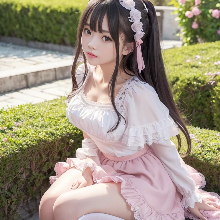 best quality, masterpiece, lifelike, 1 girl, alone, eternal, black hair, Long curly hair, blunt bangs, Smile, pink skirt, pink ta dress, layered skirt, Lolityle long skirt,Layered dress lace-trimmed skirt, decorate, lace, long sleeve, puff sleeves, wide sleeves, Transparent sleeves, hair accessories, in the flower garden, flower, Detailed background, delicate face,pink blush,White knee-length socks, Pink shoes,cold,Lots of lace,((masterpiece))、(top quality)、8K、high detail、super detailed、 21 years old female,wearing pink lolita d((dreamy atmosphere:1.1))、Seductive and whimsical style、masterpiece、born、Scenes resembling fairy tale illustrations、intricate details show the ruffles and intricate designs of the lolita gown、icious、 beautifully、Dream aesthetics、「𝓡𝓸𝓶𝓪𝓷𝓽𝓲𝓬、ethereal、charming、fickle、magic」、realism、Visual effect、FXAA、SSAO、shader、voiceless、ambient lighting、Tone mapping、High resolution、ultra high definition、megapixel、(8K resolution:1.10)、8K、8K resolution、high detail、intricate details、 (high quality:1.2、masterpiece:1.2、:1.21)、(21 years old female:1.21)、(Smile excitedly)、(Surrounded by the dreamy atmosphere of an amusement par color lolita dress、Hers were full of surprise and joy、I took a lot of geek photos、High heel、Model diagram,full-body shot,Knee-high white的 lace socks,Sweet Lolita,Normal 2 feetk shoes,Baotou shoes,full-body shot,University Teachers'Don't expose your fingers,Emphasize the volume of the skirt,exposed,huge breasts,The skirt flew up,低胸exposed,hair accessories,big skirt dress,If you shoot from a certain angle you can see my panties,The skirt floated up