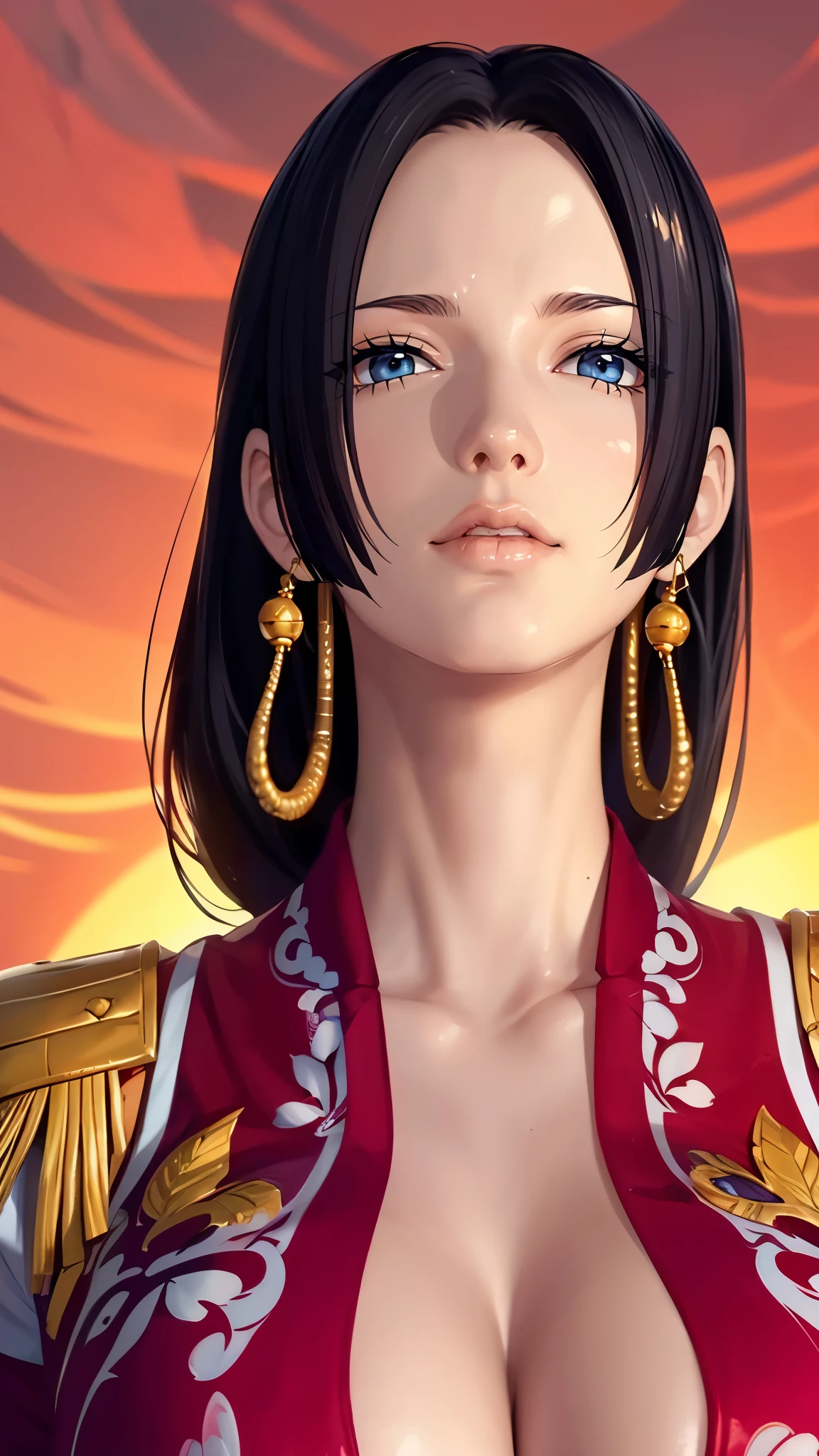 （（（完美figure，figure，Red chinese dress, （（（boa hancock，Dark long hair, combed with a chiffon hairstyle, slightly wide forehead smooth and flat, deep blue eyes, slender and delicate corners of the eyes, almond eyes exuding a hint of coldness, nose bridge high and straight, nose small and delicate, lips soft without any wrinkles. Wearing a pair of snake shaped golden earrings under the ears）））((masterpiece)),high resolution, ((Best quality at best))，masterpiece，quality，Best quality，（（（ Exquisite facial features，looking at the audience,There is light in the eyes，Happy，lol））），型figure:1.7））），（（（Interlacing of light and shadow，huge boobs））），（（（looking into camera，black background）））