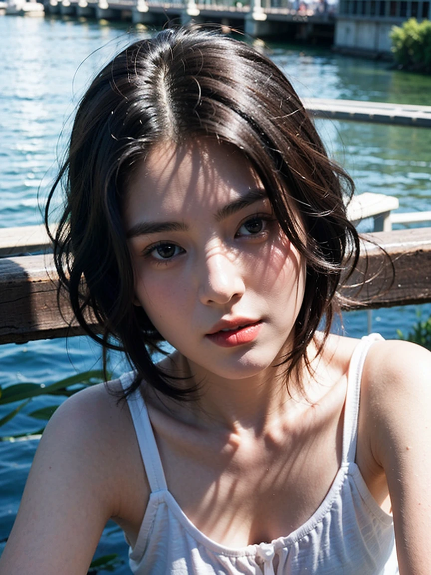 ( masterpiece, top quality, best quality,8k,s old girl,ultra detailed,raw photo:1.5),(photorealistic:1.4), (black hair:1.5), (cinematic lighting), PerfectNwsjMajic, , Surrealism, UHD, ccurate, Super detail, textured skin, High detail, Best quality, dynamic angle, White skin,[Beautiful blue eyes], high nose,[flat chest:large breasts:0.5],(1girl),(good anatomy:0.5)),(outside,river,upper body:1.5),white dress,original face 