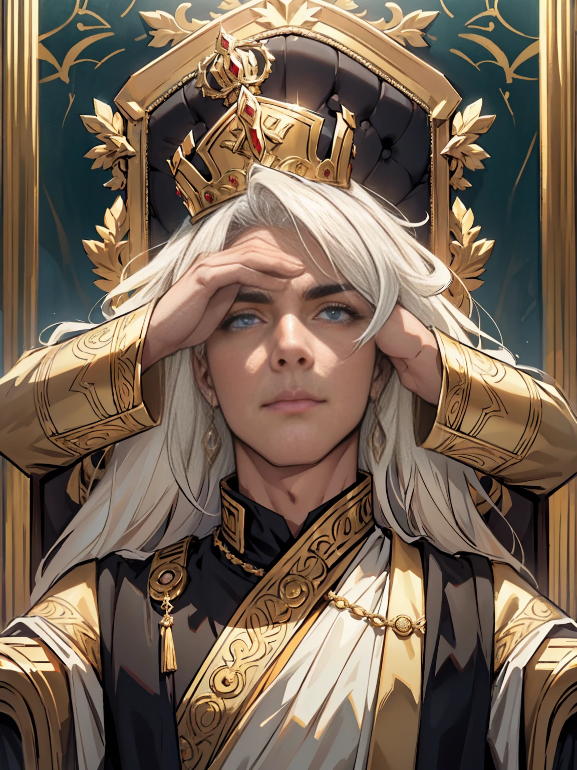 (best quality,4k,highres,masterpiece:1.2),ultra-detailed,realistic,portraits,beautiful detailed eyes,beautiful detailed lips,extremely detailed eyes and face,longeyelashes,roman emperor,Constantine the Great,imperial clothing,grand appearance,regal posture,historical presence,majestic aura,imposing figure,dramatic lighting,marble sculpture-like,ageless beauty,stoic expression,halo-like glow,rich color palette,sumptuous robes,elaborate gold accents,ornate throne,serene background,imperial authority,commanding presence,royal palace,magnificent architecture,awe-inspiring atmosphere,imperial insignia,lion motifs,radiating power,monumental grandeur,eternal legacy,divine ruler,golden age,legendary conqueror,symbol of Roman Empire,inspiration for artists throughout history.
