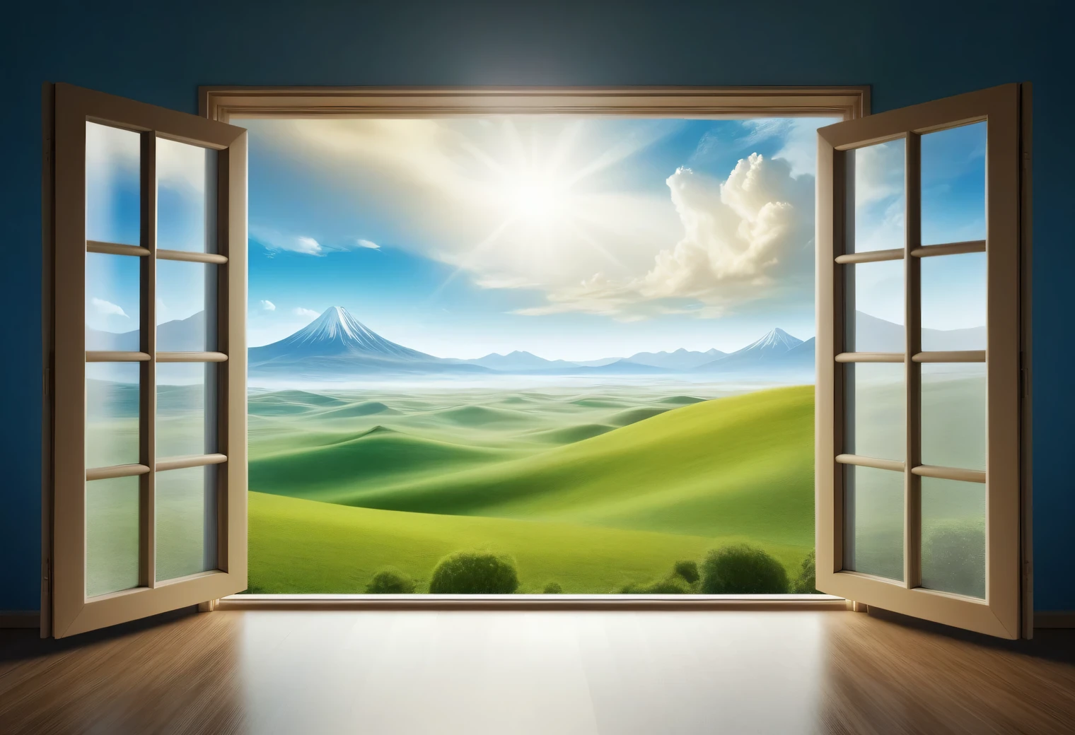 an open window in the room, a fantastic surreal landscape outside the window