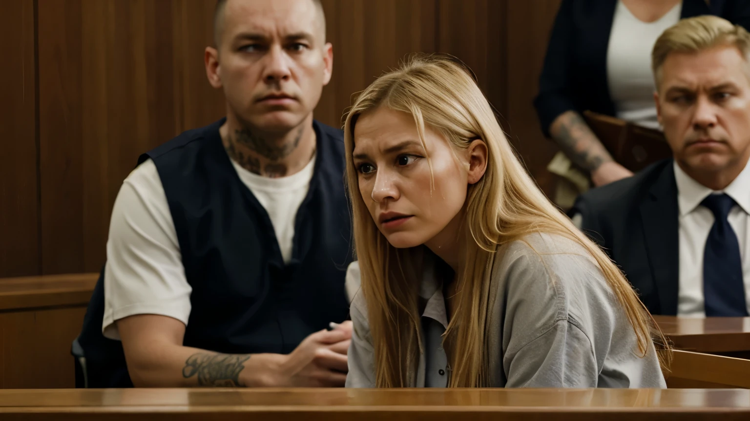 masterpiece, best quality, glamour shot of prisoner girl getting her breast groped by (old man:1.3) (sitting in jail:1.3), hetero, 1boy, (breast grab:1.3), 1girl, (blonde hair), (orange prison uniform), delicate features, (prison uniform:1.2), face focus, bright blue-green eyes, (police uniform:1.5), (flat chest:1.7), (fearexpression, frown:1.2), <lora:add_detail:0.9>, <lora:epiNoiseoffset_v2-pynoise:2>, <lora:breast grab NTR:0.7>, <lora:fearexpression-v2:0.7>