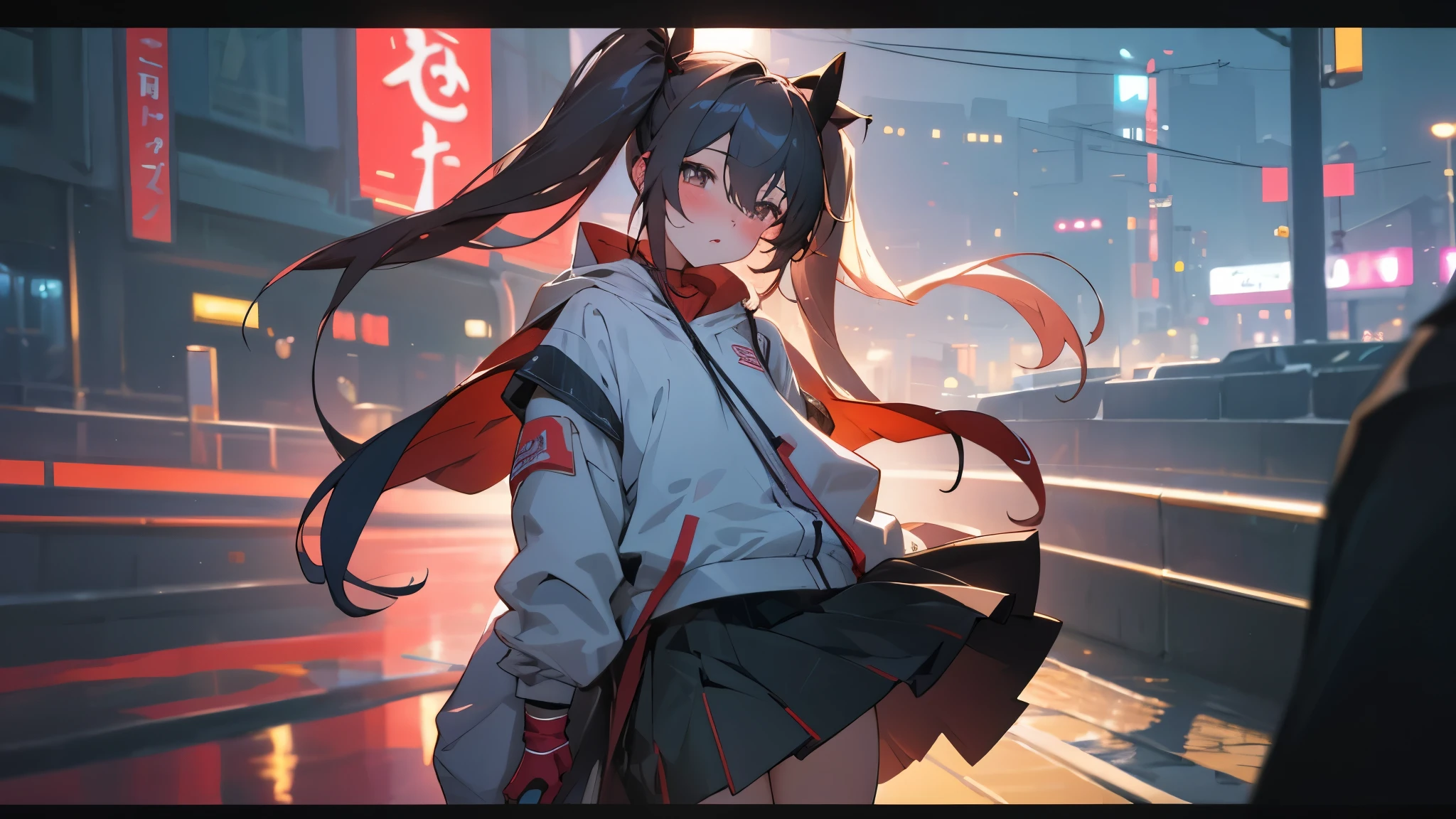 masterpiece, highest quality, Fu Tao V4, 1 girl, alone, blush, twin tails, long hair, hair between eyes, ((streetwear)), city, outdoor, night, movie poster, Highly detailed 8K, Smooth, High resolution, super high quality, cinematic lighting, ambient occlusion, hd, 2k, 4k, 8K, 16k, very detailed anime, detailed face, perfect composition, wide shot, atmosphere lighting, very sexy, lift skirt, random waist angle, No correction, NSFW, No correction