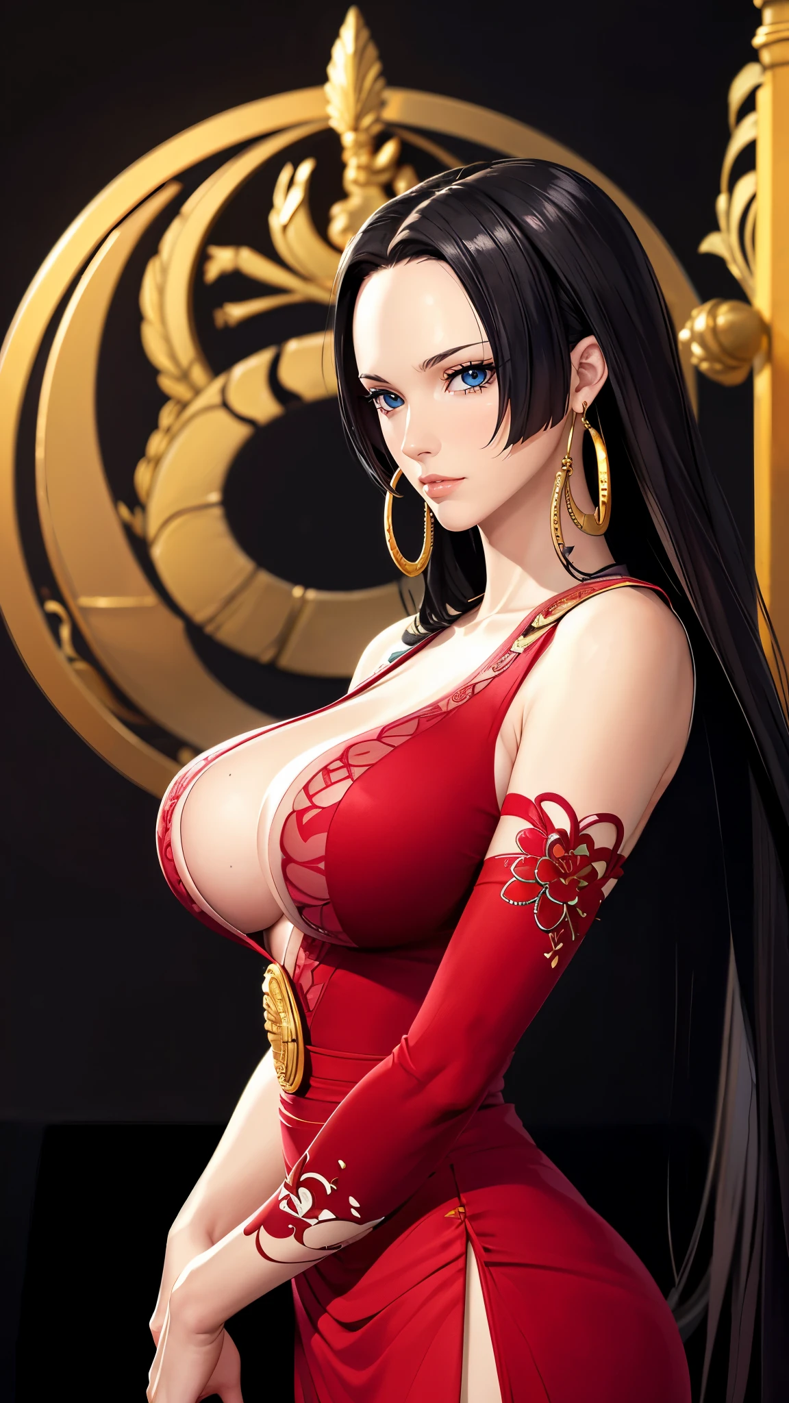 （（（完美figure，figure，Red chinese dress, （（（boa hancock，Dark long hair, combed with a chiffon hairstyle, slightly wide forehead smooth and flat, deep blue eyes, slender and delicate corners of the eyes, almond eyes exuding a hint of coldness, nose bridge high and straight, nose small and delicate, lips soft without any wrinkles. Wearing a pair of snake shaped golden earrings under the ears）））((masterpiece)),high resolution, ((Best quality at best))，masterpiece，quality，Best quality，（（（ Exquisite facial features，looking at the audience,There is light in the eyes，Happy，lol））），型figure:1.7））），（（（Interlacing of light and shadow，huge boobs））），（（（looking into camera，black background）））