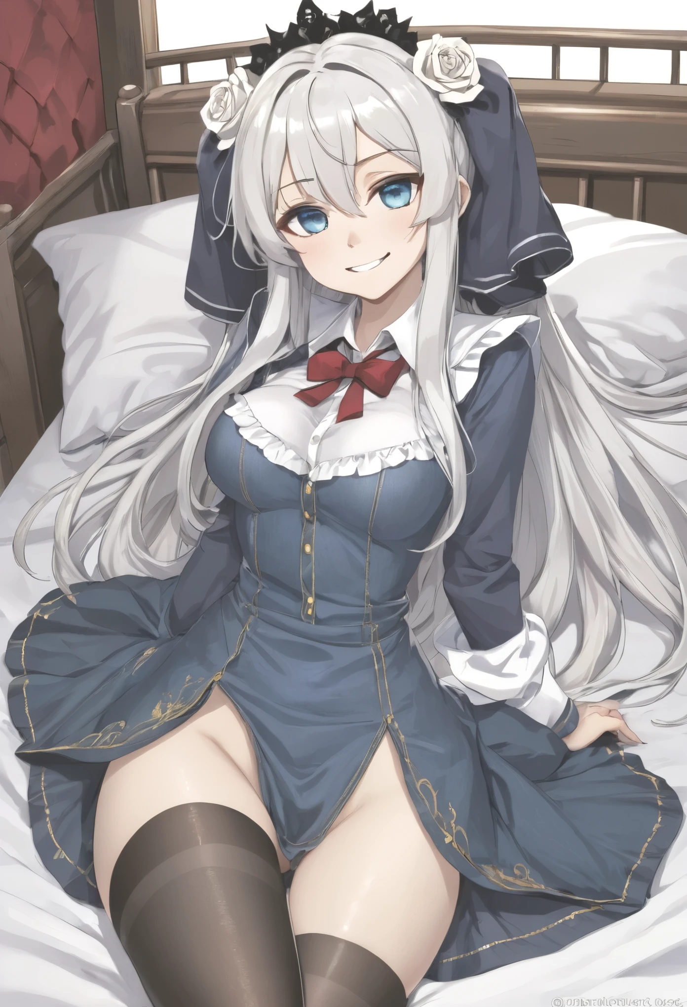 1Anime Girl,long hair,Exterior Black, Inner Red, two tone hair,blue eyes,White Men's Long Sleeve Shirt,Denim ,black pantyhose,high resolution,very sharp,8 thousand,extra fingers,Reduced number of fingers,(bad anatomy),NSFW,bed,Bewitching pose,Wow,emerald eyes,Left white rose headdress,Purple dress,milk skin,A friendly smile,