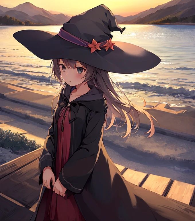 1girl, solo, witch, witch hat, robe, sea, sunrise (or sunset), flowers, mountains, stars.