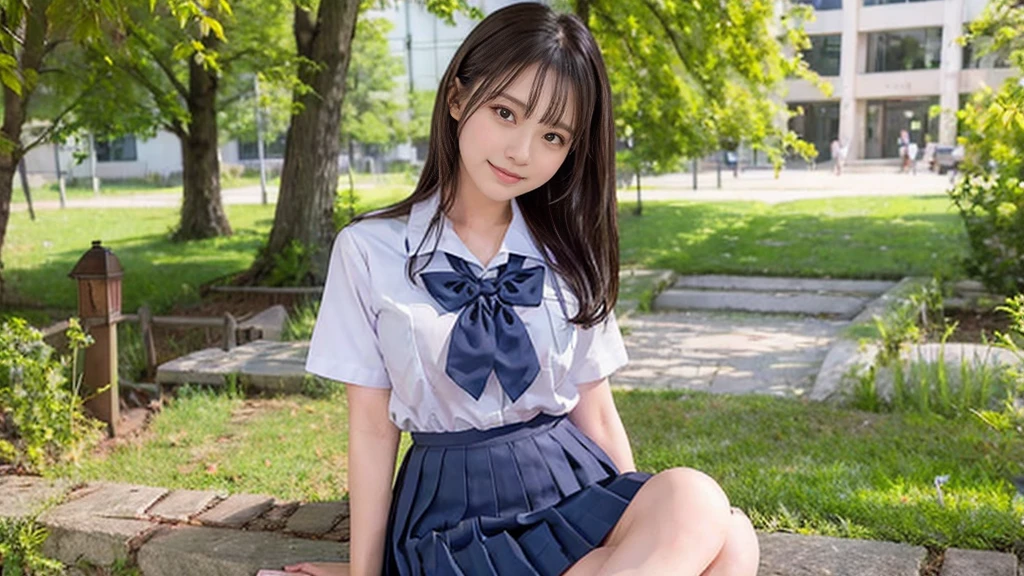 ((masterpiece)), 8K, highest quality, 1 girl, alone, beautiful face, gentle expression, genuine, cute, dark blue skirt, Dark blue ribbon, Summer Short Sleeve Uniform, (Japanese high school girl), smile, long hair, normal breasts,