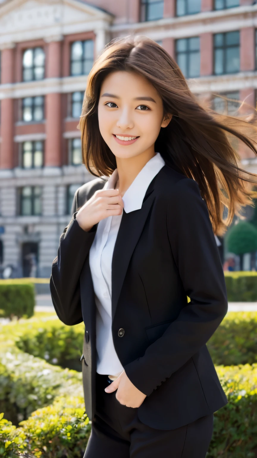 best quality, ultra-high resolution, real, photorealistic, 8K, BREAK, a fashion model, Japanese, (full body:1.4), BREAK, highly detailed hair, glossy light brown hair, highly-detailed face, well-defined facial features, highly detailed eyes, brown eyes, highly detailed skin, (white skin), highly detailed lips, (smile, drunk), BREAK, highly-detailed clothings, (black suit:1.3), grossy, long sleeves, sexy posing, BREAK, (detailed background, in front of Tokyo station:1.3), natural lighting