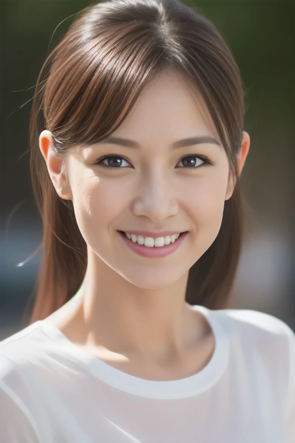 (8K,best quality,highres,realistic,professional:1.2),energetic face of a female ,36years old,t-shirt,healthy,smiling,perfect slender physique,Japanese beauty,perfect beautiful eyes and skin,upper body
