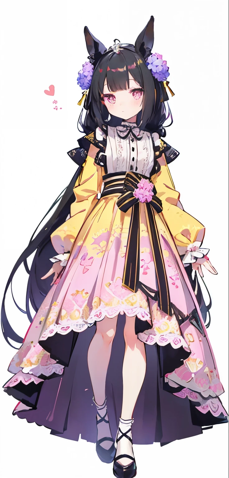 character design,Full body portrait,(()),black hair, white background, eyes low without highlights ,umamusume, horse ears, (long sleeves), embroidery,(Hydrangea pattern), cold expression,hairstyle, long hair, Kawaiichibi,(high necked),(Fine patterned dress), ((yellow clothes)),((Pink clothes)),long and thick sideburns,(flared skirt),knee length skirt,pastel color,medium chest
