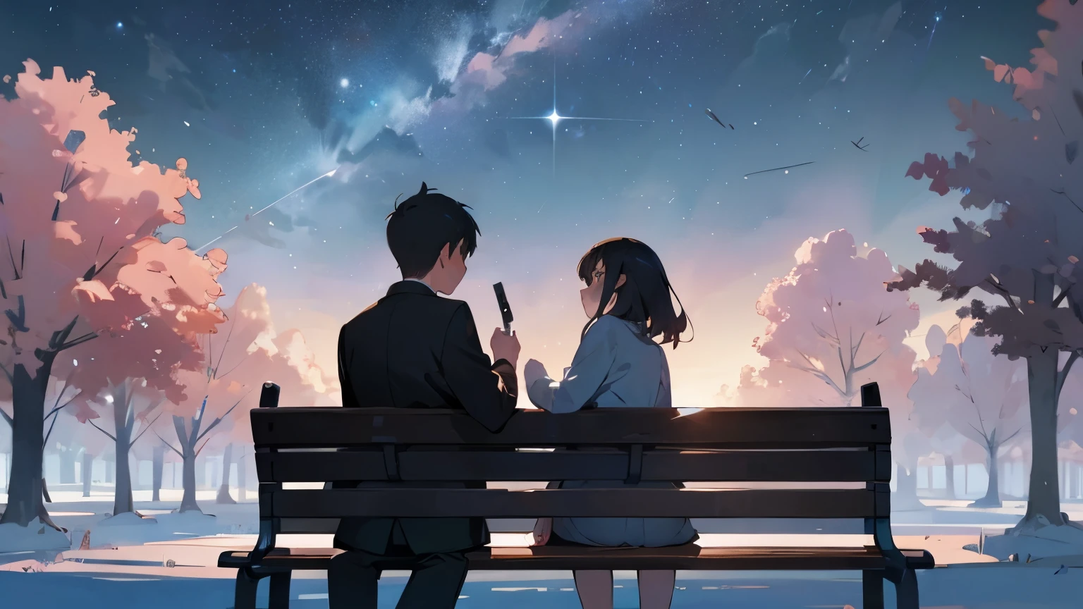 Anime couple sitting on a bench looking at each other - SeaArt AI