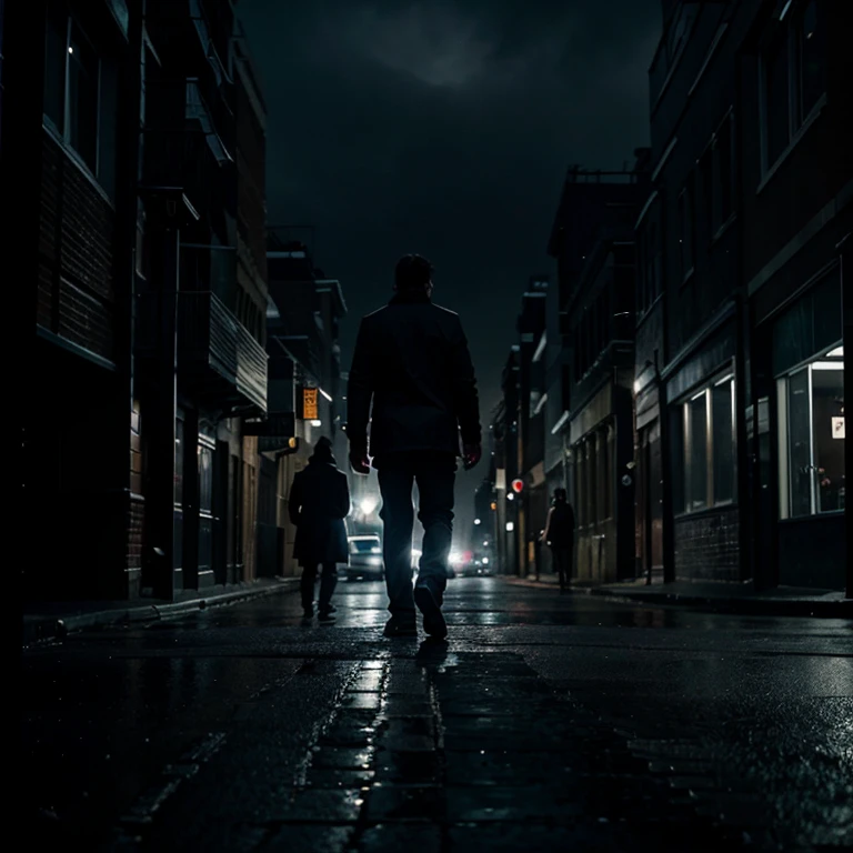 Creates an image of a man walking down a dark street and cold, gloomy buildings