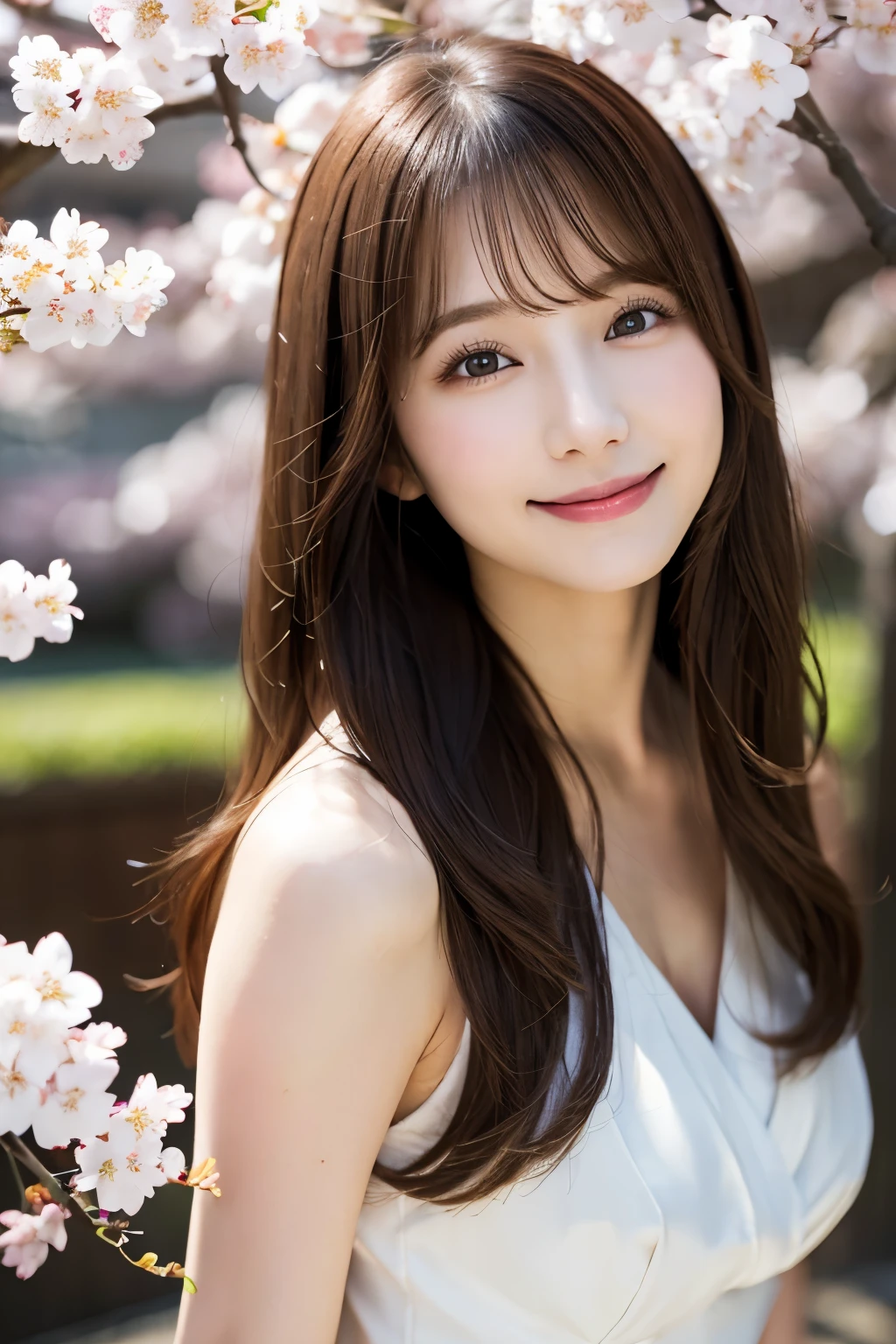 masterpiece、high resolution、ultra high resolution、Delicate、sunlight、whole body、1 female、30 years old、hostess&#39;s face、brown hair、long hair、perfect eyes、dense lips、smiling face、Slender perfect figure、japan beauty、OL,suit、cherry blossoms、cherry blossoms並木、armpit