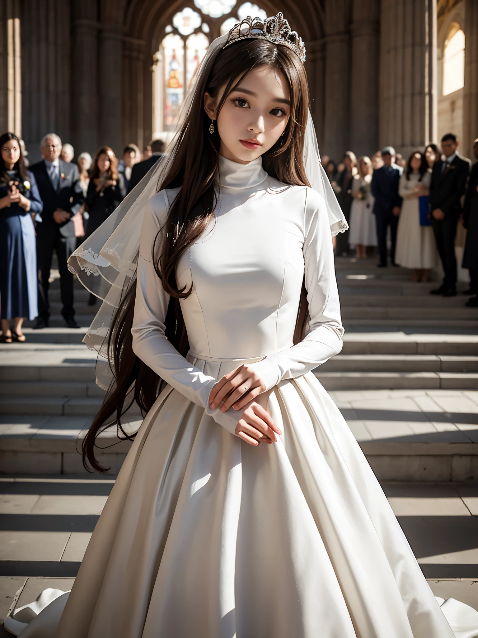 best quality, masterpiece, 1 girl, yak, cute , shiny lips, sweet, sun glare, Conservative attire, turtleneck wedding dress, bridal tiara, depth of field, blurred background, Cathedral Background, light particles, strong wind, head tilt, long hair, 