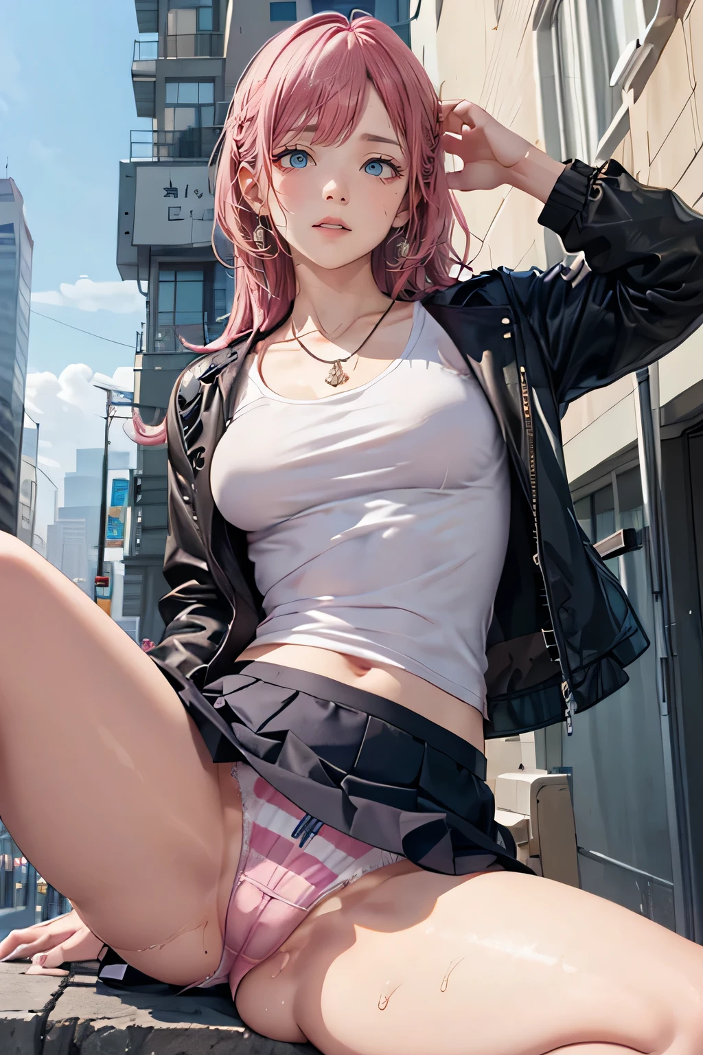 High definition full color image, atmospheric perspective, 8K, Super detailed, Accurate, highest quality, angle from below, woman, ((realistic skin)), pink hair、long hair、droopy eyes, ecstasy, sleepy, small eyes, (((Sexy poses in the city))), small earrings, thin necklace, (Jacket, thin shirt, skirt、Striped panties), (spread legs), (((The swollen areolas are visible through the shirt., under the hair))), hide her crotch with a skirt,,ahegao facial:1.5、Sweat