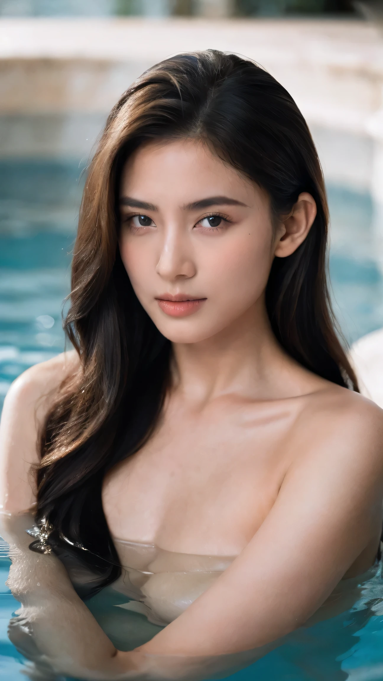 A stunningly elegant Ukrainian princess appears regal in a private bath, her striking features illuminated by the glistening water. The photograph, captured by an EOS 850D DSLR, showcases her natural beauty perfect chested in exquisite detail. Her luxuriant hair cascades gracefully, and her flawless skin reflects the soft light, creating a mesmerizing portrait of royal elegance. The high-resolution image captures every intricate detail, conveying the princess's serene and captivating presence with remarkable clarity