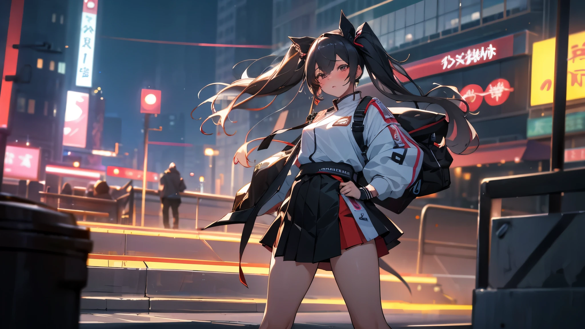 masterpiece, highest quality, Fu Tao V4, 1 girl, alone, blush, twin tails, long hair, hair between eyes, ((streetwear)), city, outdoor, night, movie poster, Highly detailed 8K, Smooth, High resolution, super high quality, cinematic lighting, ambient occlusion, hd, 2k, 4k, 8K, 16k, very detailed anime, detailed face, perfect composition, wide shot, atmosphere lighting, very sexy, lift skirt, random waist angle, No correction, NSFW, No correction