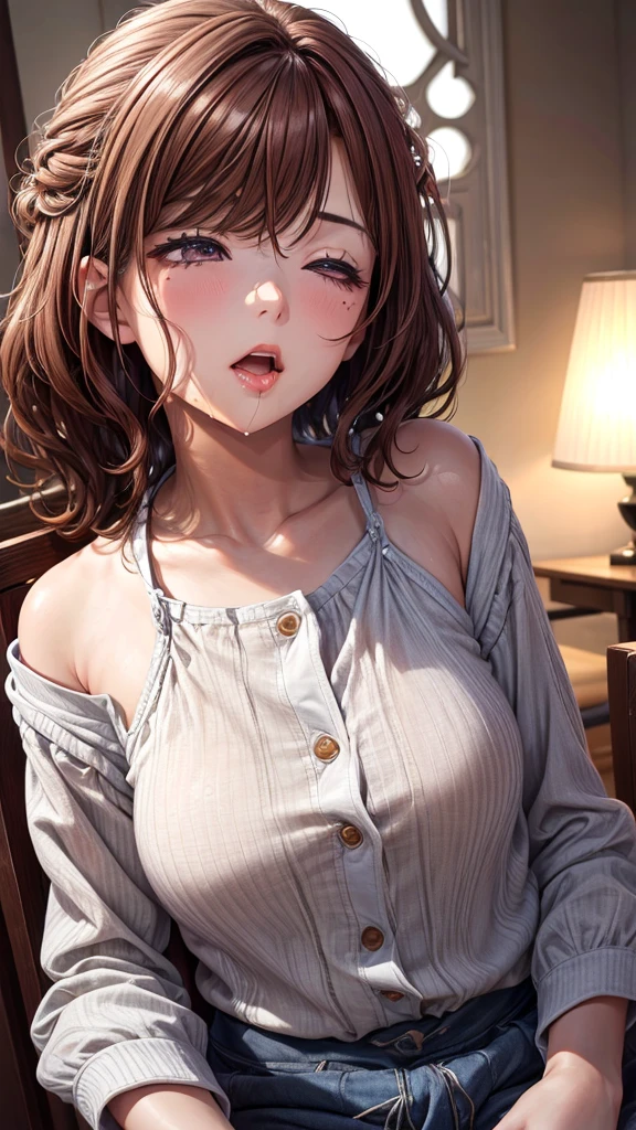 sleeping face,open your mouth,tired face,face of suffering,Soaked Hair,a reluctant face、beautiful girl、fine 目、puffy eyes、highest quality, 超High resolution, (reality: 1.4), movie lighting,super beautiful、beautiful skin、(超reality的な)、(High resolution)、(8K)、(very detailed)、(beautiful and fine 目)、(Super detailed)、 detailed face、brown hair、20-year-old、lick