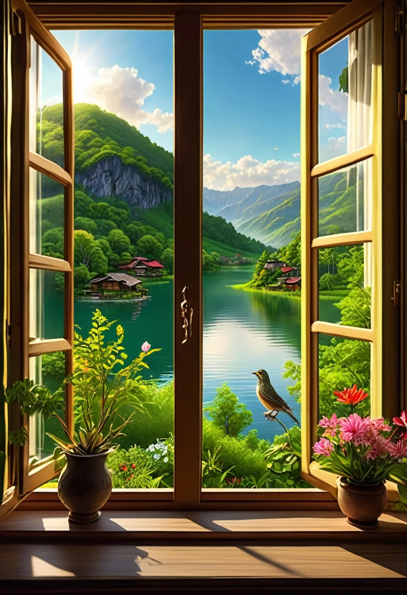 1girl, The View Outside the Window, (4k,8k,highres,:1.2),ultra-detailed,(realistic,photorealistic,photo-realistic:1.37),indoor view,window view,outside scene,outdoor scenery,breathtaking landscape,panoramic view,serene atmosphere,clear blue sky,rolling hills,green meadows,colorful flowers,trees swaying in the wind,sun shining brightly,golden sunlight streaming in through the window,glimmering lake in the distance,crystal-clear water,reflection of the sky on the water surface,lush forests,majestic mountains on the horizon,peaceful countryside,tranquil setting,quiet ambiance,gentle breeze rustling the leaves,morning mist over the fields,tiny birds chirping,soft rays of sunlight illuminating the room,nature's beauty at your doorstep,serenity of the outside world,boundless beauty right outside the window . masterpiece, best quality, very aesthetic, absurdres, aesthetic