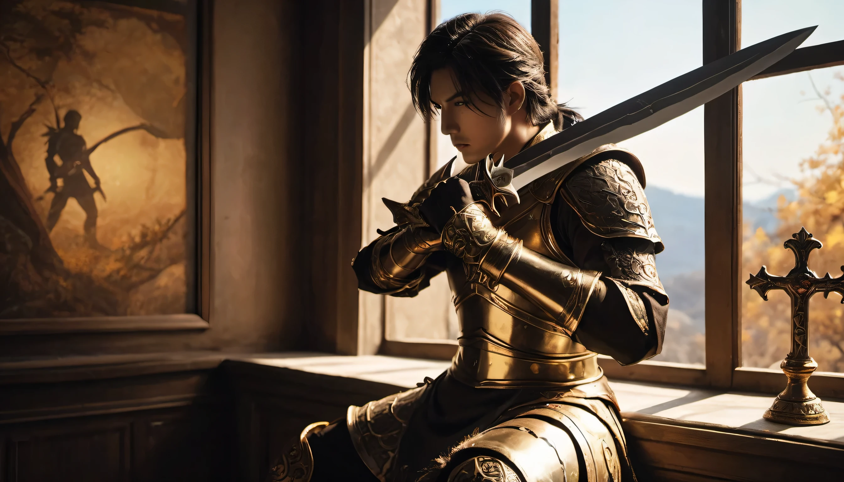 The scenery outside the window is a never-ending nightmare, it's warrior's graveyard, place that I long for from the bottom of my heart, tense expression, golden ratio, strong grip on the beautiful blade with decorative hilt, the rotating earth and horizon, the sharpened atmosphere, sharp gaze sun light, shining eyes, extremely realistic illustration, top quality, high contrast, beautiful detail glow, fine strokes, careful rendering and holographic rendering,