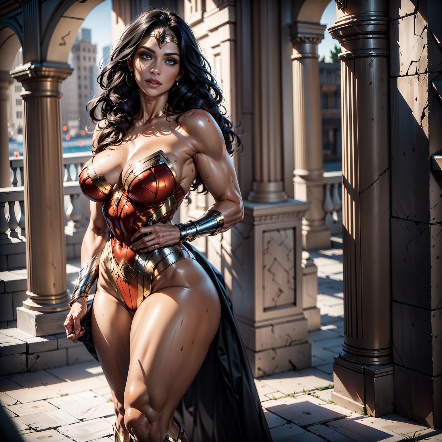 1 girl. solo, single, (front focus), (in the dark:1.6), Hyperrealist portrait of female by david hockney and alphonse mucha, fantasy art, photo realistic, dynamic lighting, artstation, poster, volumetric lighting, very detailed faces, 4 k, award winning, in the dark, deep shadow, low key, Wonder Woman, (intricate details, makeup), (delicate and beautiful delicate face, delicate and beautiful delicate eyes, perfectly proportioned face), (glossy skin: 1.0), delicate skin, strong and realistic blue eyes, realistic black hair, lips, makeup, natural skin texture, tiara, jewelry, stars \(symbol\), Leotard, silver bracelet, red boots, golden belt, (public clothing: 1.5), bare shoulders, slightly sunburned, mature, sexy, toned muscles, (muscles: 1.2), ((strong and healthy body)), ((((more) muscles))), cleavage, long legs, curves, (big breasts: 1.3), ribs, thin waist, soft waist, (delicate skin), (beautiful and sexy woman), (swollen lips: 0.9), (eyelashes: 1.2), very delicate muscles, perfect body, perfect anatomy, perfect details, Perfect fingers, perfect limbs, wavy hair, black hair, smile, ultra detailed skin, ((light tan skin: 1.4)),