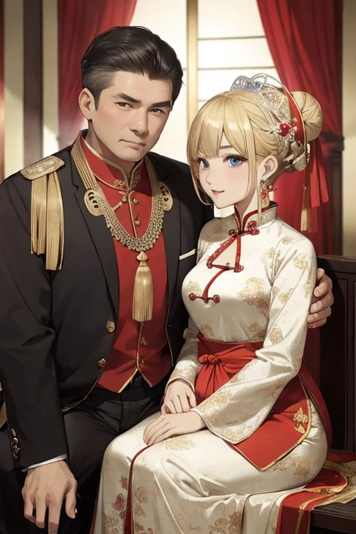((highest quality)), ((masterpiece)), (be familiar with), ((perfect face、blonde女、blonde、blue eyes、necklace、marriage指輪、bangles、earrings、China dress、National costume、pregnancy、Bun head、slit、fancy clothes、cheongsam clothes、Chignon Cap、blonde))((Chana、black hair、China人、middle-aged man、Old man、National costume、fat、old man、China服、Asian、Communist Party Uniform、cheongsam clothes))marriage、China、marriage式、政略marriage、couple、fold your arms、lean against