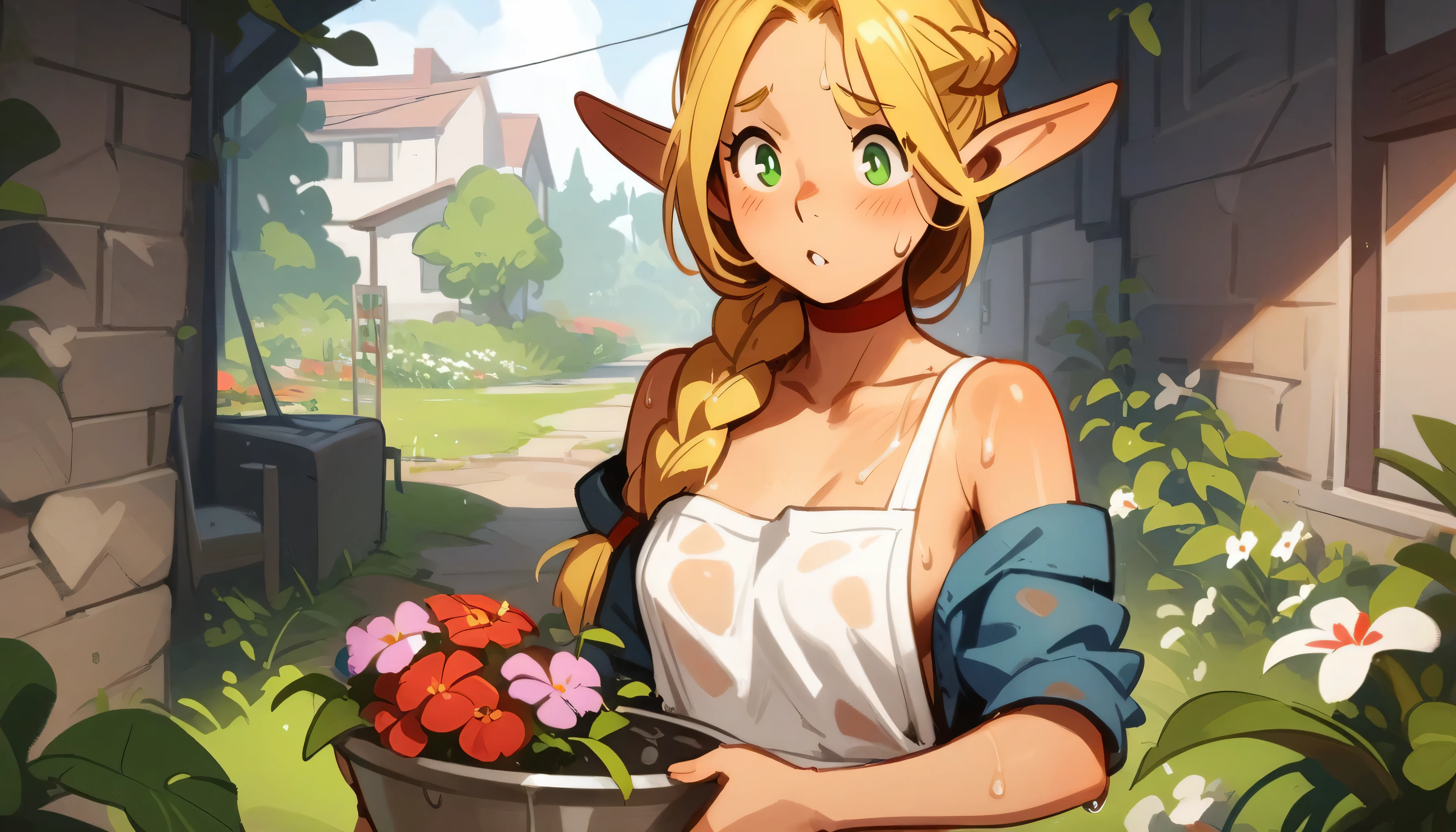 masterpiece, best quality, pointy ears, braid, solo, green eyes, elf, blonde hair, , 1girl, long hair, hair over shoulder, single braid, morning atmosphere,  , rating:nsfw, , wears only white kitchen apron,  sexy, wet, (by khyle:0.5), garden, holding a pot of flowers, in the center of the frame, small breasts