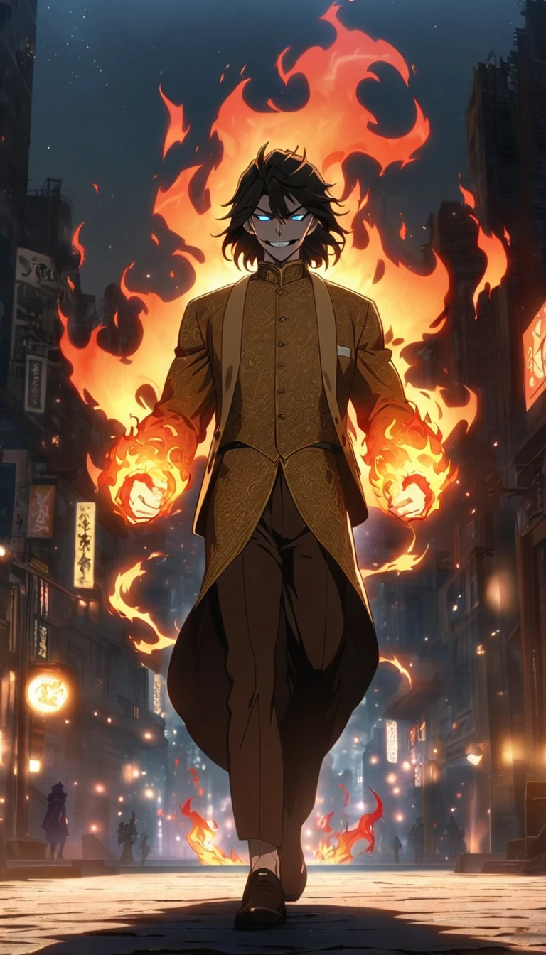 (Young guy), ((handsome)), 1guy, strong, (solo), (red medium hair:1.1), (blue eyes:1.1), ((eyes details)), fit body, black and golden sherwani, ((evil face)), anime hight quality, masterpiece, city background, moonlight, starry sky, evil smile, High quality wallpaper, walking with hands in pocket, fiery arms, magicflames, flames, full body shot