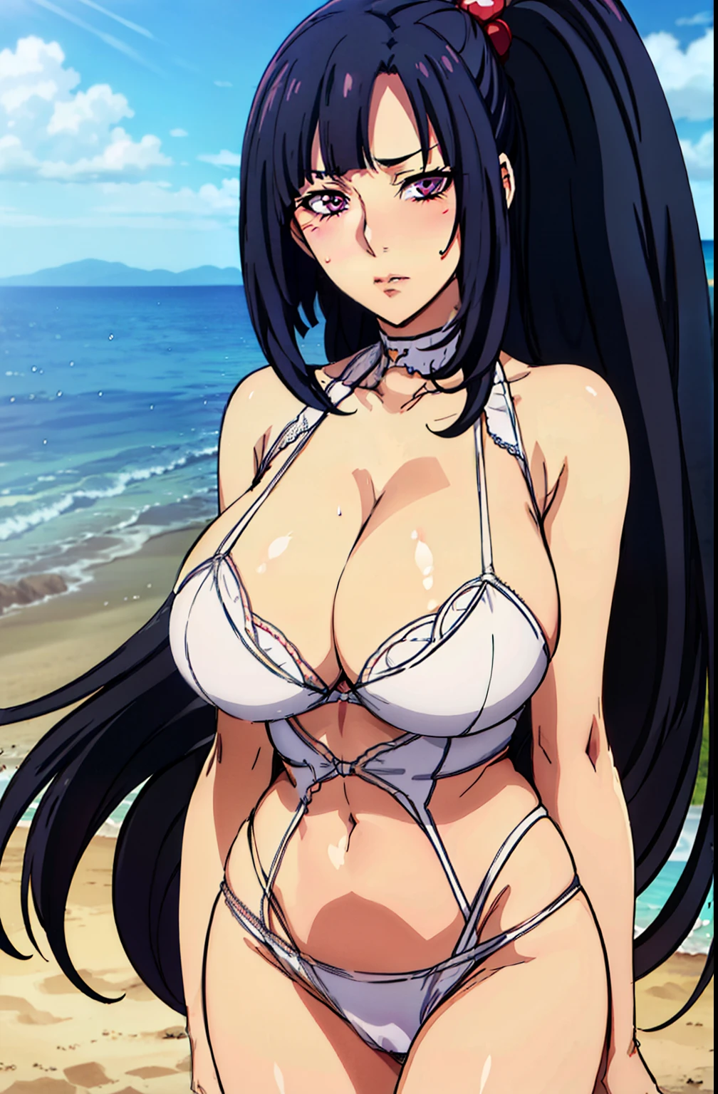 (standing), embarassing pose, white lingerie, (beach background), (gloomy weather), Litchi Faye-Ling, mature woman, anime cels style, best quality, high resolution, 1girl, (huge breasts:1.2), beautiful face, Beautiful Finger, Beautiful long legs, Beautiful body, Beautiful Nose,Beautiful character design, black hair, very long hair, Bangs, purple eyes, (cowboy shot), blushing, embarassed, looking at viewer