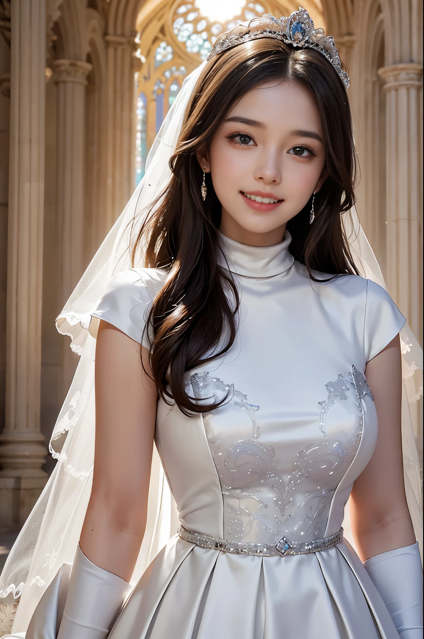 best quality, masterpiece, 1 girl, (huge laugh), , shiny lips, sweet, sun glare, Conservative attire, turtleneck wedding dress, bridal tiara, depth of field, blurred background, Cathedral Background, light particles, strong wind, head tilt, long hair, 