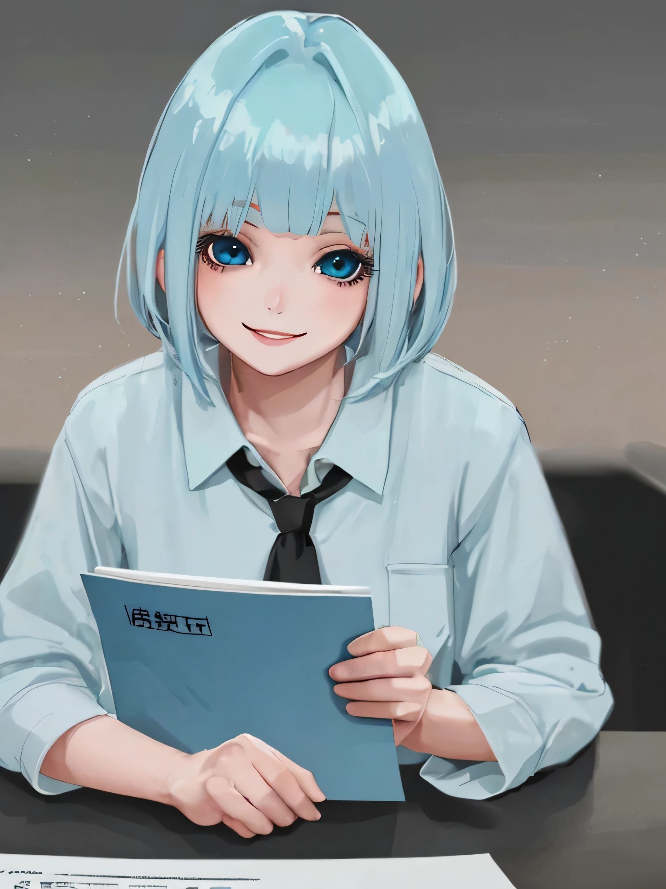 High quality HD 8k girl with short muted light blue hair with bangs and blue eyes wearing and smiling holding an exam paper with 100 score