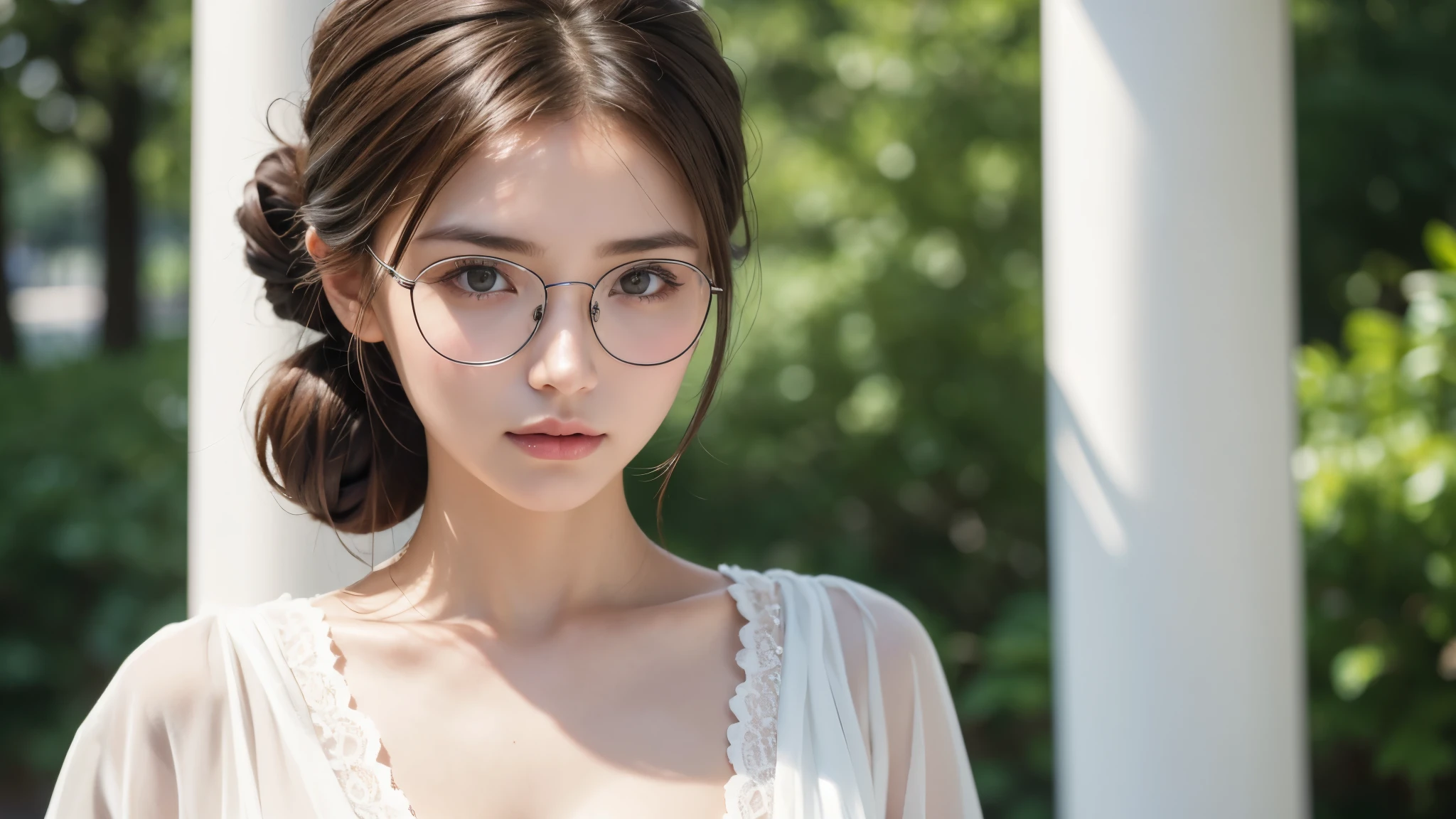 (8K, raw photo, highest resolution, master piece: 1.2), (real, photoreal: 1.37), ultra-definition, ultra-high resolution, (1 girl: 1.8), looks at the viewer, beautiful face in every detail, waist, (Slim waist) :1.3), ((White blouse)), Delicate and beautiful skin, skin texture, flowing hair, ((Hair tied up)), Midday park, ((Black square glasses) ), whole body, brown hair,