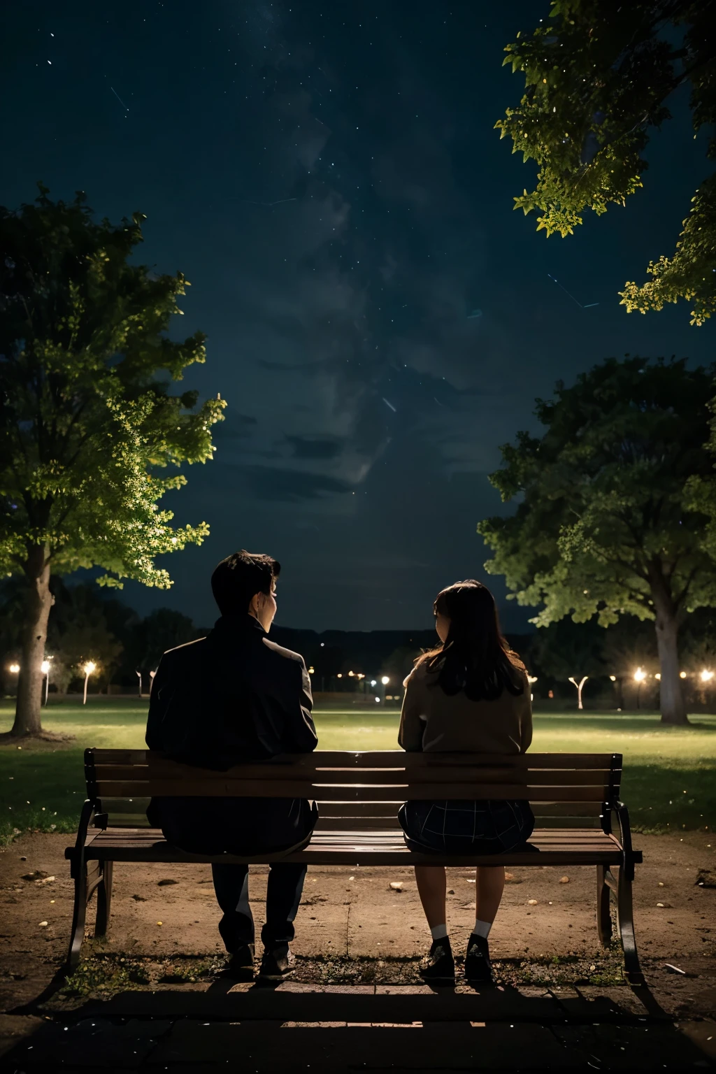 On a bench in the park，A boy and a girl sitting together。They are all around 20 years old，Young and lively。The boy is sitting on the left side of the bench，Girl sitting on the right，There is a moderate distance between them，But close enough to communicate with each other。The two of them are relaxed and natural.，Their eyes are fixed on the starry sky above。 Around them，There are many trees planted in the park。These trees may be some common urban tree species，Like the sycamore tree、Beech or maple。The silhouettes of trees are faintly visible under the starlight at night，Adds a tranquil and romantic atmosphere。 The starry sky is the focal point of this scene。Clusters of stars dot the deep night sky，There are faint lights twinkling among the stars。Some constellations or bright stars can be seen clearly in the sky，As if the universe，It provided a beautiful backdrop for the young couple&#39;s conversation.。 The picture is full of tranquility、Warm and romantic atmosphere，Shows young people enjoying each other&#39;s company and the beauty of the sky in a park at night。
