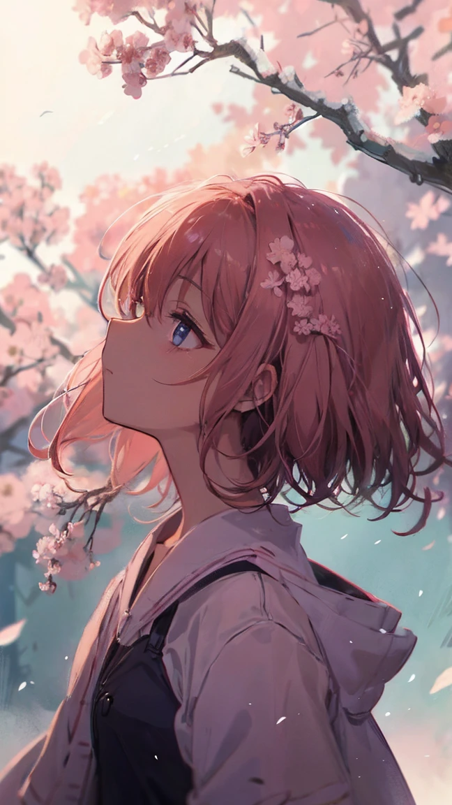 Girl product illustration,cherry blossoms,look up at the sky