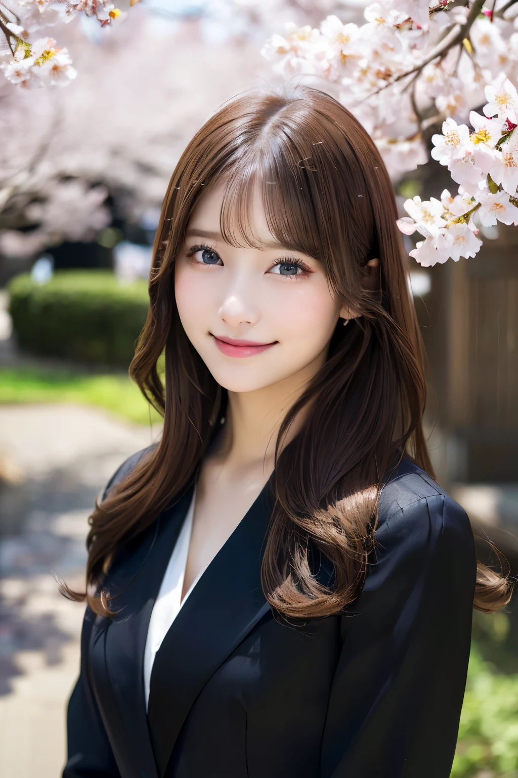 (masterpiece、high resolution、ultra high resolution、Delicate、sunlight、whole body)1 female、(30 years old、hostess&#39;s face、brown hair、long hair、perfect eyes、dense lips、smiling face、Slender perfect figure、japan beauty、OL,Dressed in a black suit、)cherry blossoms、cherry blossoms並木、put your hand forward