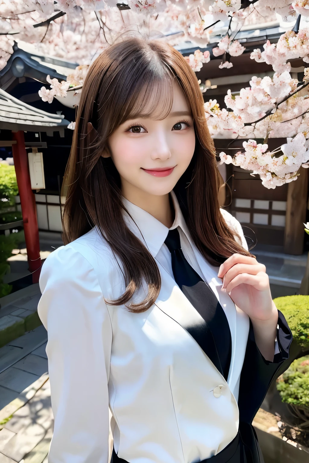 (masterpiece、high resolution、ultra high resolution、Delicate、sunlight、whole body)1 female、(30 years old、hostess&#39;s face、brown hair、long hair、perfect eyes、dense lips、smiling face、Slender perfect figure、japan beauty、OL,Dressed in a black suit、)cherry blossoms、cherry blossoms並木、put your hand forward