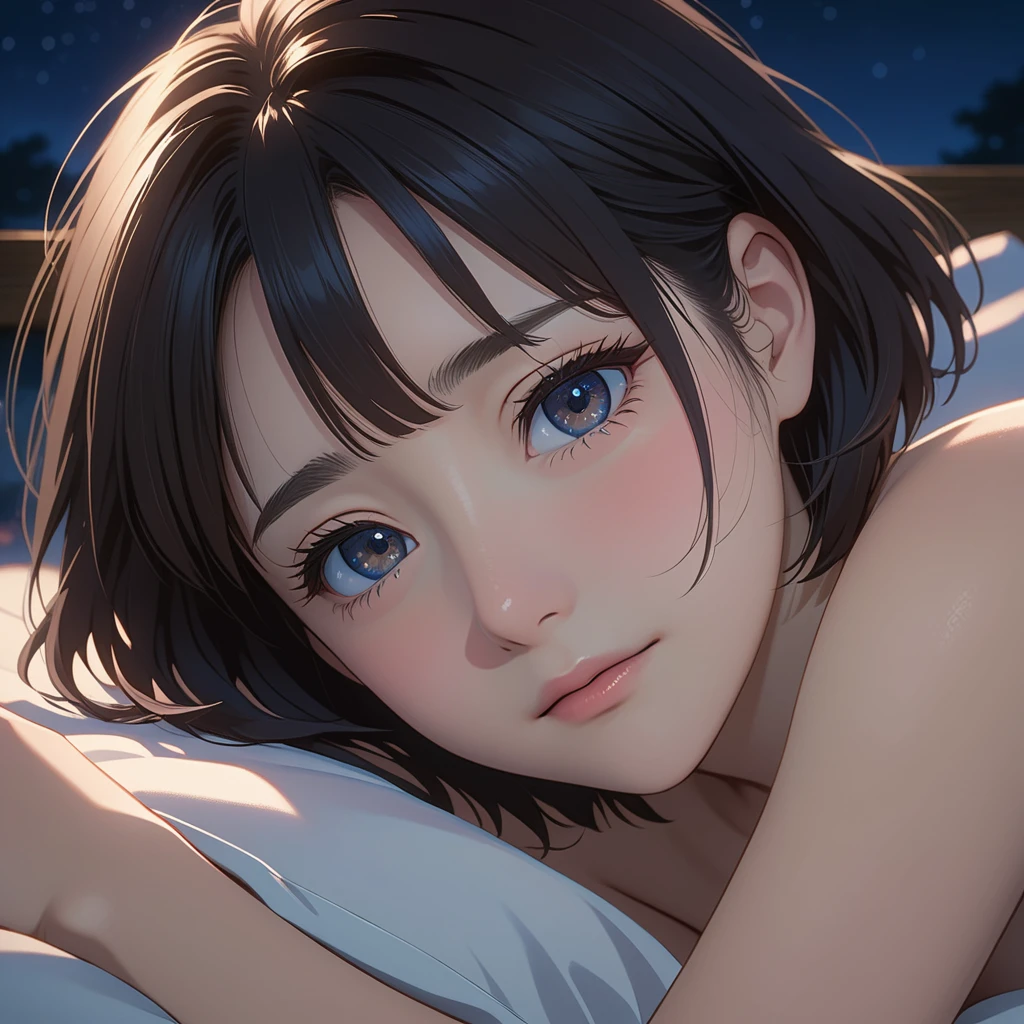 masterpiece, High resolution, illustration, kyoto animation style, Your name is cinematic style, night, midnight, Light, (1 female: 1.3), (alone: 1.4), long eyelashes, short bob, nose blushing, futon, lying down, naked, face close-up, Hide with hands , Hide with hands,