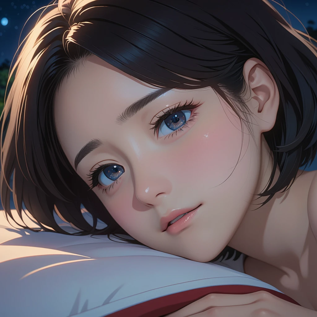 masterpiece, High resolution, illustration, kyoto animation style, Your name is cinematic style, night, midnight, Light, (1 female: 1.3), (alone: 1.4), long eyelashes, short bob, nose blushing, futon, lying down, naked, face close-up, Hide with hands , Hide with hands,
