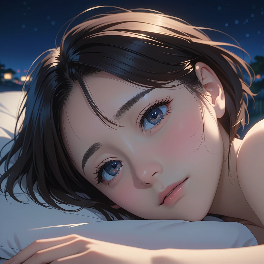 masterpiece, High resolution, illustration, kyoto animation style, Your name is cinematic style, night, midnight, Light, (1 female: 1.3), (alone: 1.4), long eyelashes, short bob, nose blushing, futon, lying down, naked, face close-up, Hide with hands , Hide with hands,