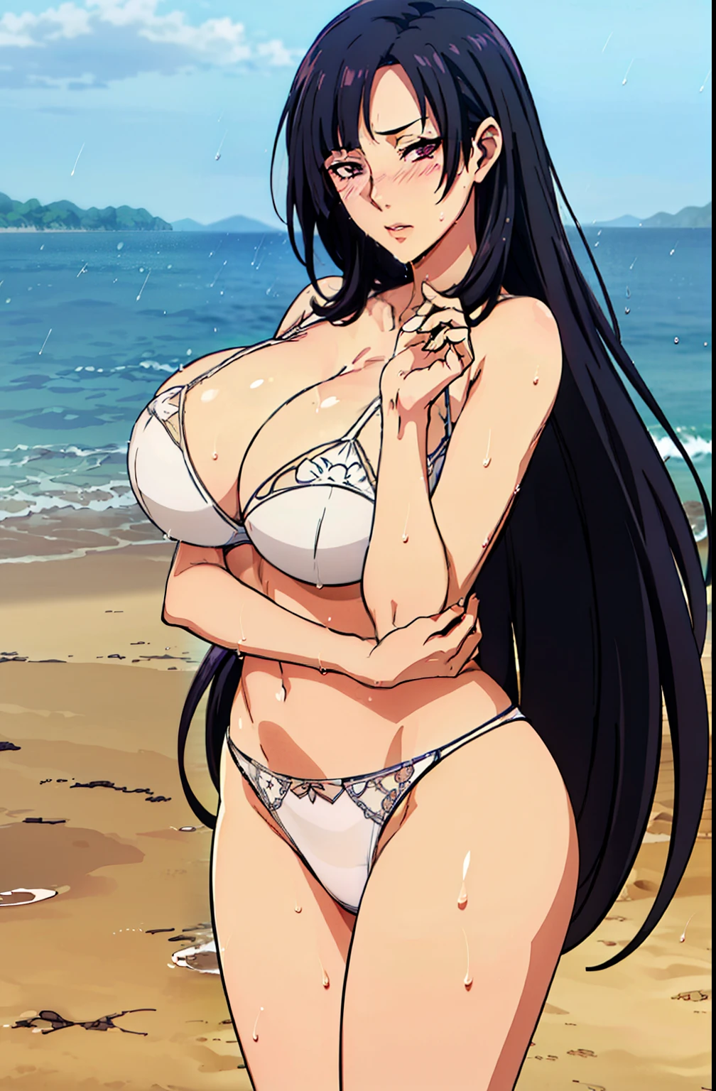 (standing), embarassing pose, white lingerie, raining, wet sand, (gloomy beach background), (gloomy weather), Litchi Faye-Ling, mature woman, anime cels style, best quality, high resolution, 1girl, (huge breasts:1.2), beautiful face, Beautiful Finger, Beautiful long legs, Beautiful body, Beautiful Nose,Beautiful character design, black hair, very long hair, Bangs, purple eyes, (cowboy shot), blushing, embarassed, looking at viewer
