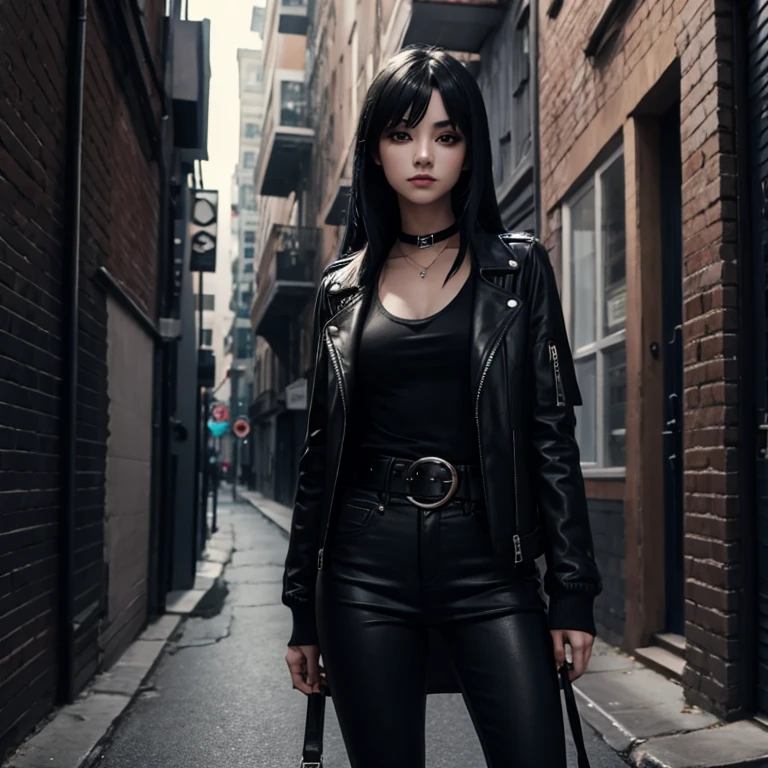 Girl 20 years old gothic black hair in layers black makeup piercing in the dark circles open black jacket with black top black jeans black boots belt with bat buckle looking straight at the viewer on a night alley background 