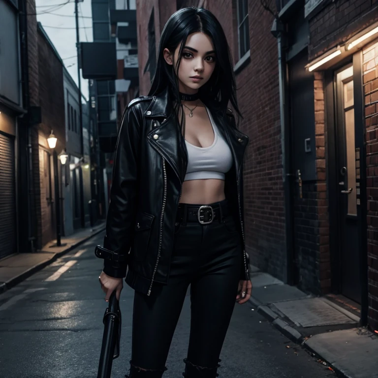 Girl 20 years old gothic black hair in layers black makeup piercing in the dark circles open black jacket with black top black jeans black boots belt with bat buckle looking straight at the viewer on a night alley background