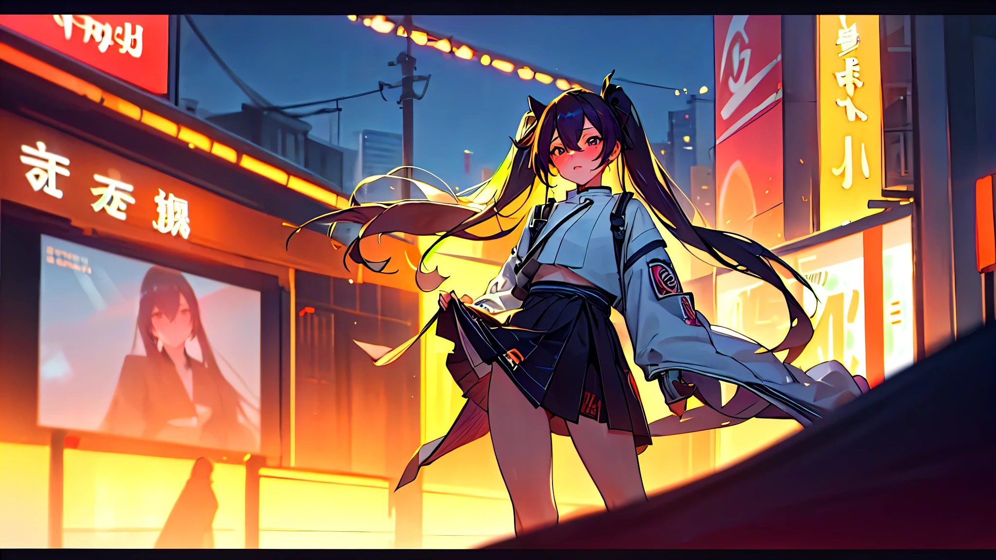 masterpiece, highest quality, Fu Tao V4, 1 girl, alone, blush, twin tails, long hair, hair between eyes, ((streetwear)), city, outdoor, night, movie poster, Highly detailed 8K, Smooth, High resolution, super high quality, cinematic lighting, ambient occlusion, hd, 2k, 4k, 8K, 16k, very detailed anime, detailed face, perfect composition, wide shot, atmosphere lighting, very sexy, lift skirt, random waist angle, No correction, NSFW, No correction