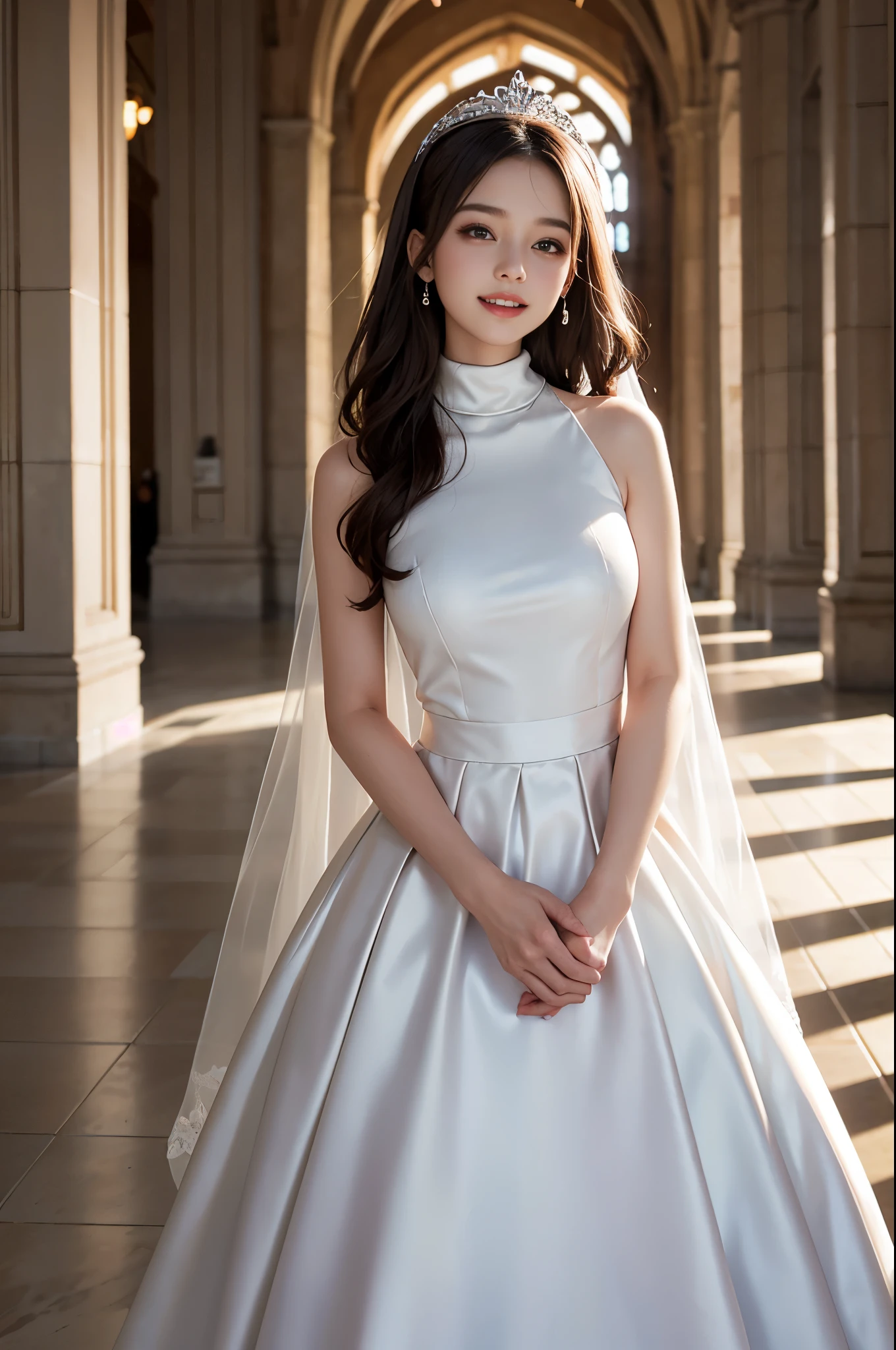 best quality, masterpiece, 1 girl, (huge laugh), cute teen, shiny lips, sweet, sun glare, Conservative attire, turtleneck wedding dress, bridal tiara, depth of field, blurred background, Cathedral Background, light particles, strong wind, head tilt, long hair, 