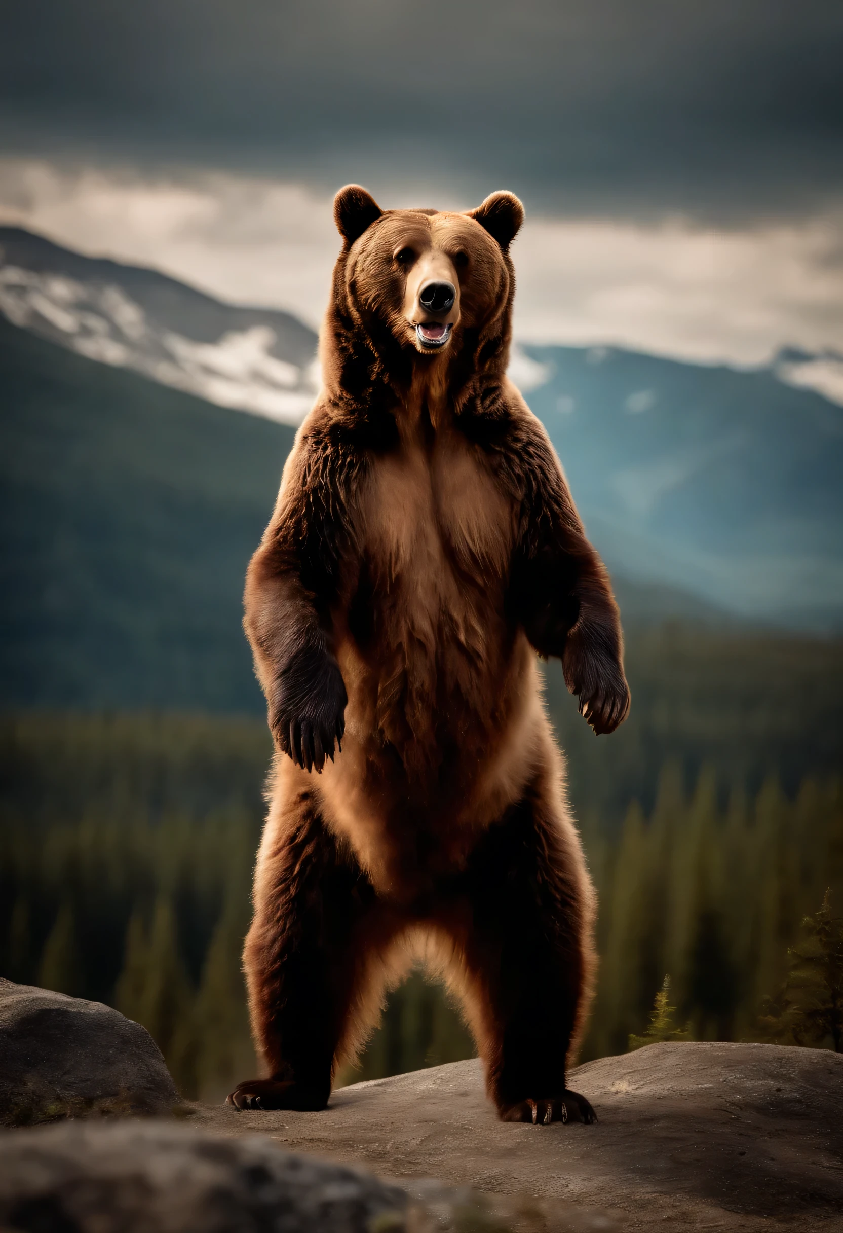 Realistic Brown Bear, Standing on his two legs, Forest and Mountains in the background. Masterpiece 1.2