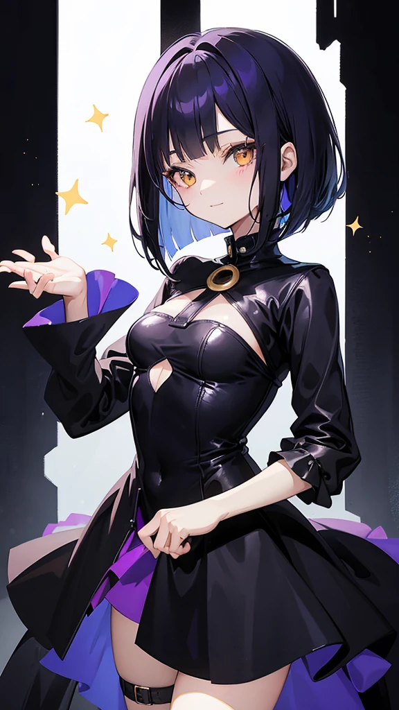 Witch's outfit, Anime-style portrait of a teen-ager girl with a deep violet bob cut, (Golden eyes), bright eyes, baby-faced, eye contact with the camera, subtle smile, minimalistic background to emphasize character, high contrast, clean lines, digital painting, vivid colors